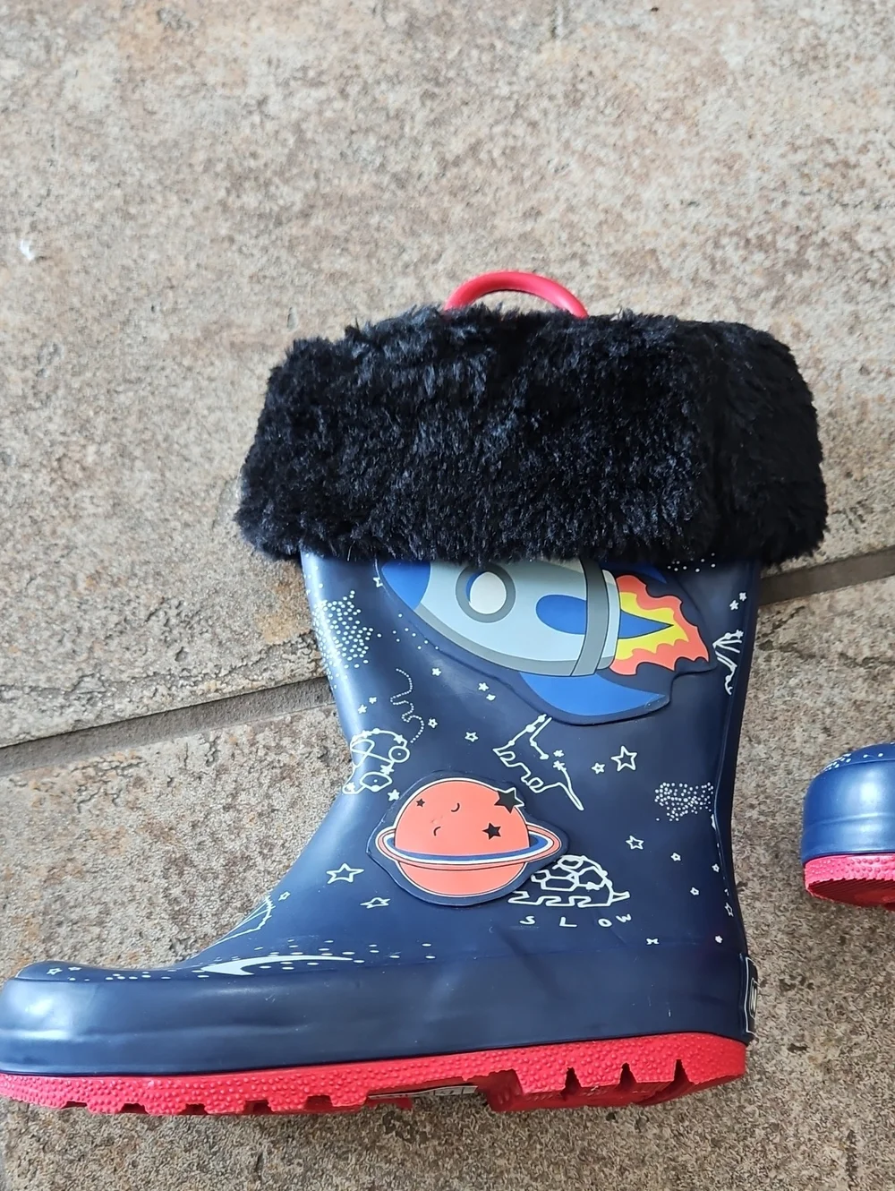 Nova Kids Space Rocket Rain Boots with Faux Fur Cuff - Navy & Red